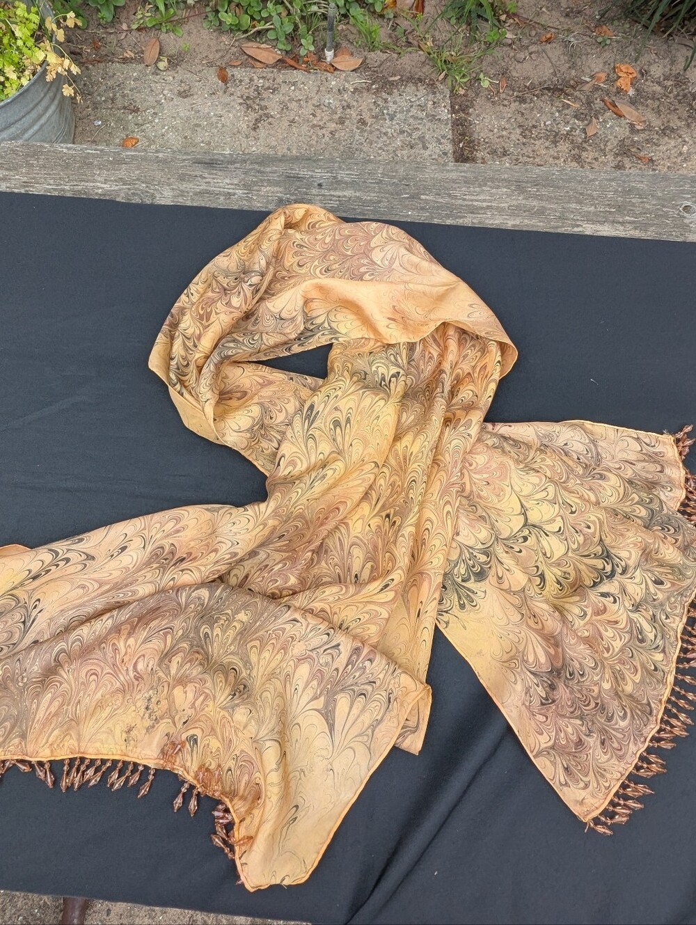 Silk Hand Dyed Marbled Golden Beige Women's Scarf